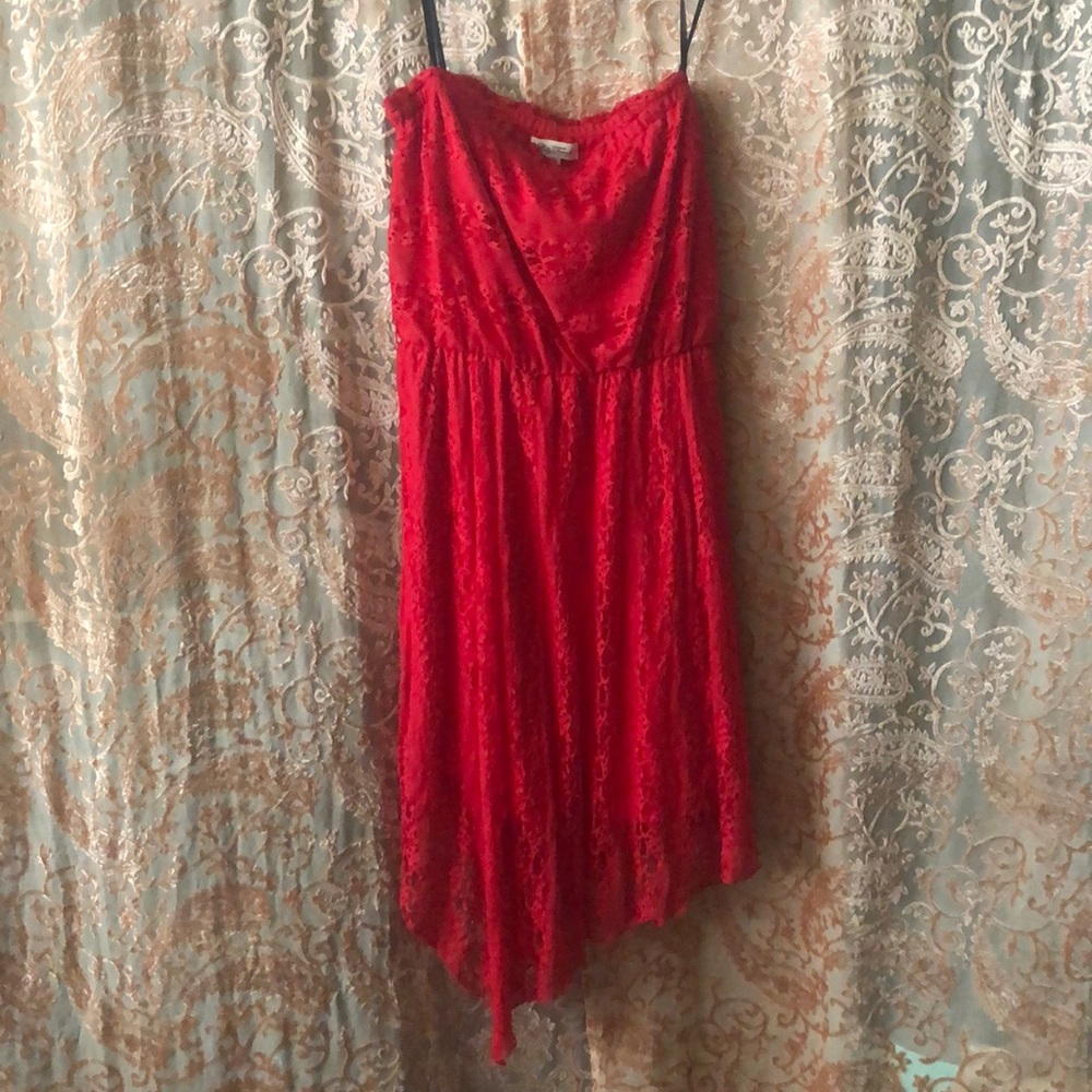 Strapless red lace dress